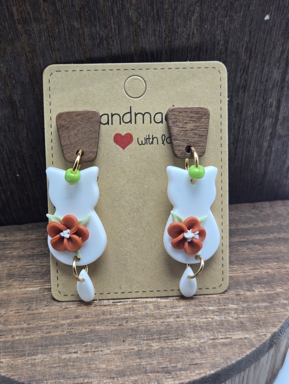 NWT Floral Cat Earrings Pierced Polymer Clay Glass Beads Figural Handmade OOAK